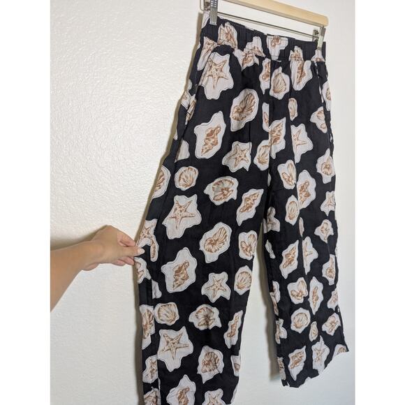 Nicole Miller 100% Linen Shell Print Black Wide Leg Pants Women S Beachy Coastal - Picture 3 of 11